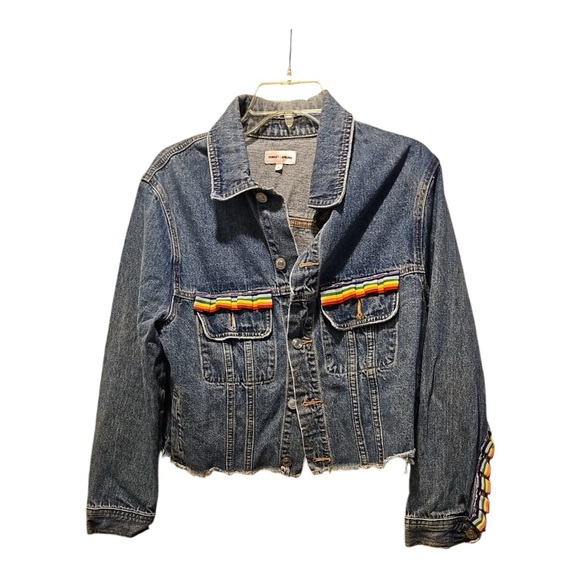 sunset + spring Jackets & Blazers - Sunset + Spring Size Medium Denim Jacket Ribbon Rainbow Accents